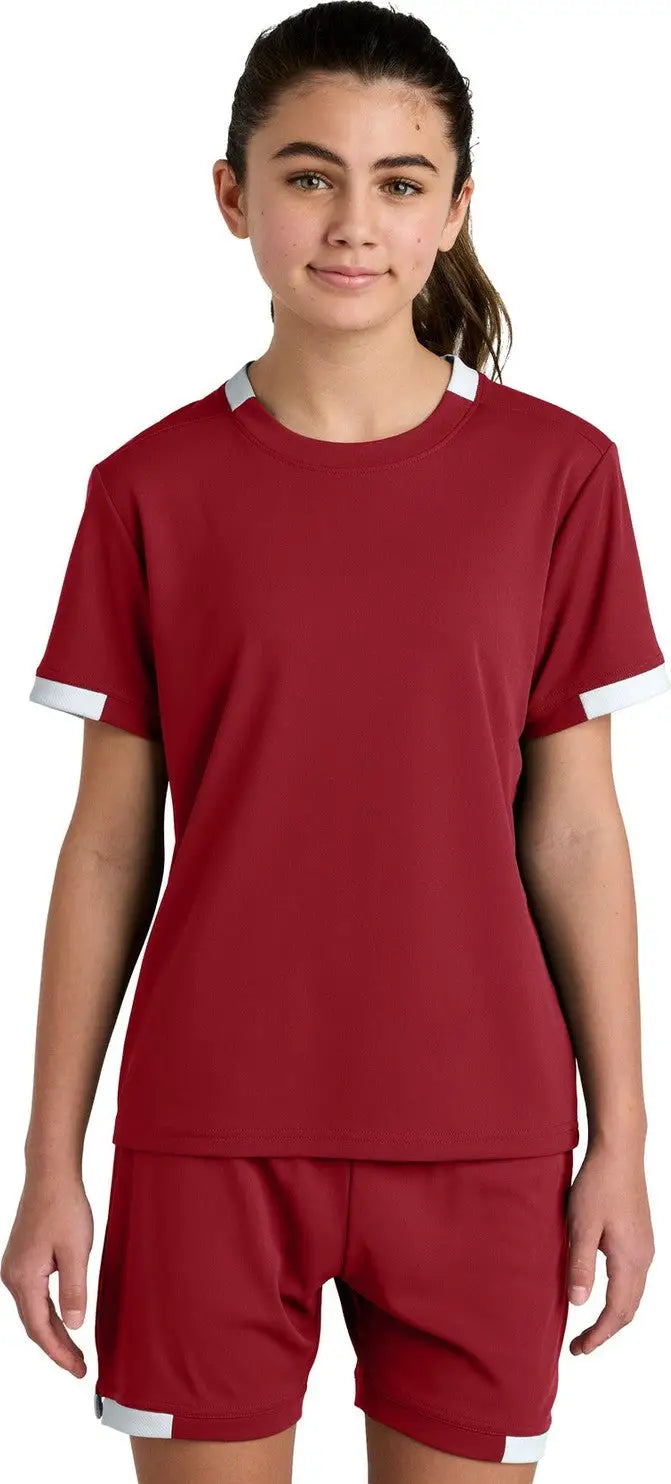Sport-tek Yst440 Youth Club Short Sleeve Crew - Deep Red White