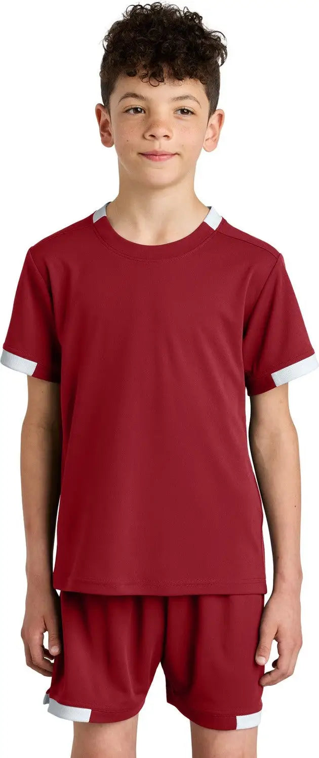Sport-tek Yst440 Youth Club Short Sleeve Crew - Deep Red White - Red/ / Xs