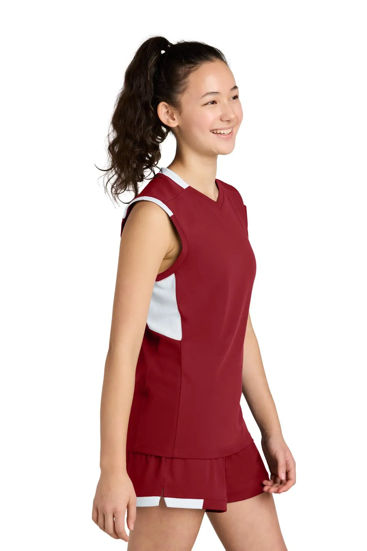 Sport-tek Yst441 Youth Club Sleeveless V-neck - Deep Red White