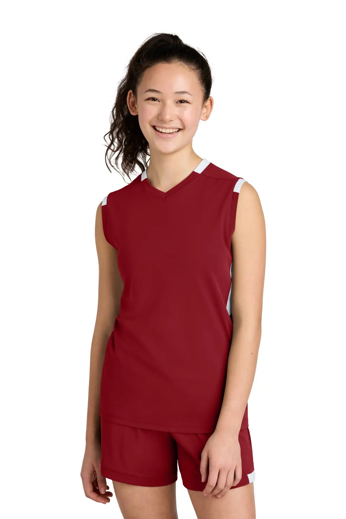 Sport-tek Yst441 Youth Club Sleeveless V-neck - Deep Red White - Red/ / Xs