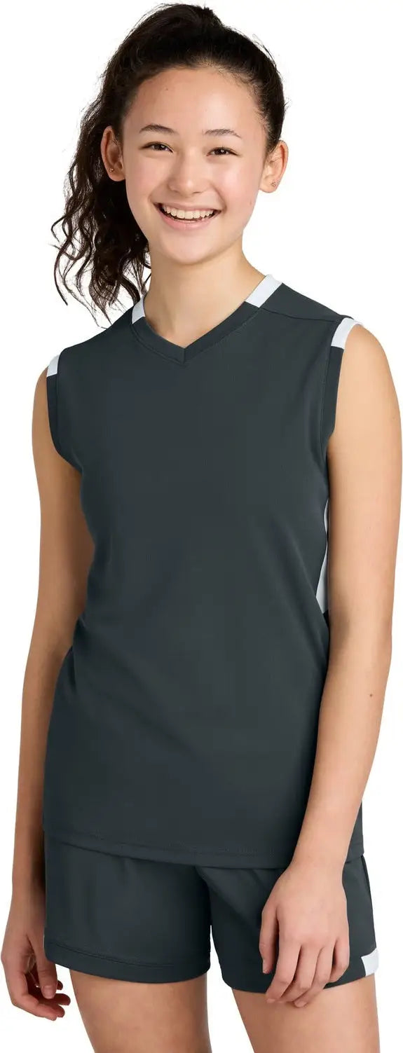 Sport-tek Yst441 Youth Club Sleeveless V-neck - Iron Gray White - Gray/ / Xs