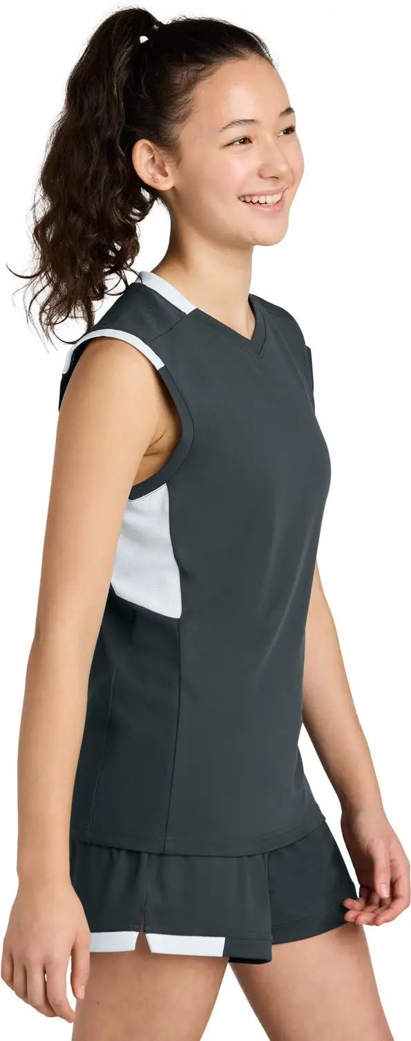 Sport-tek Yst441 Youth Club Sleeveless V-neck - Iron Gray White