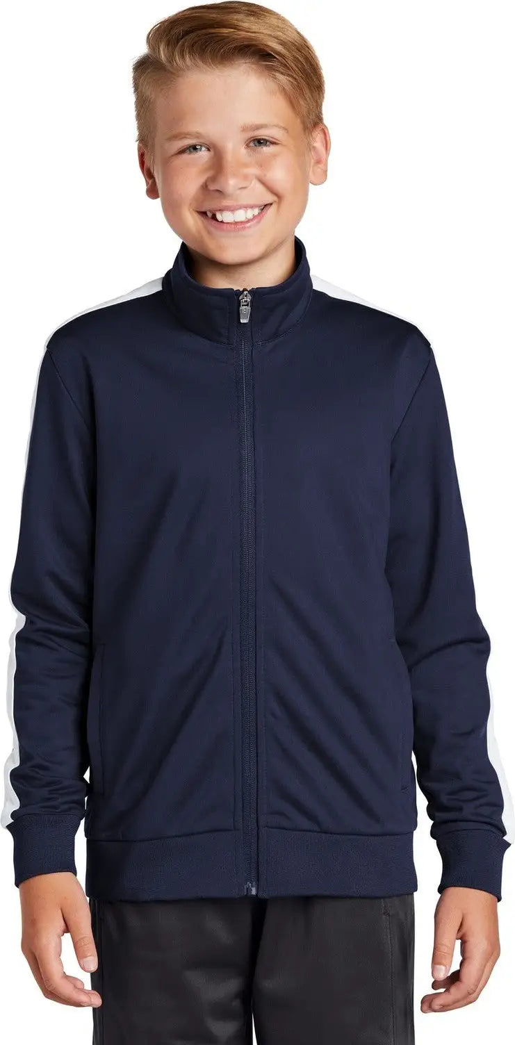 Sport-tek Yst94 Youth Tricot Sleeve Stripe Track Jacket - True Navy White