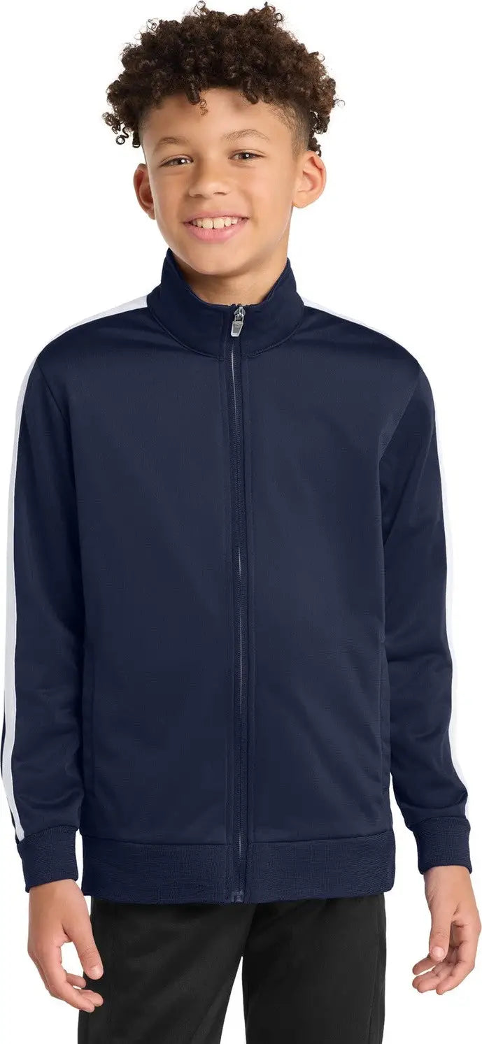 Sport-tek Yst94 Youth Tricot Sleeve Stripe Track Jacket - True Navy White