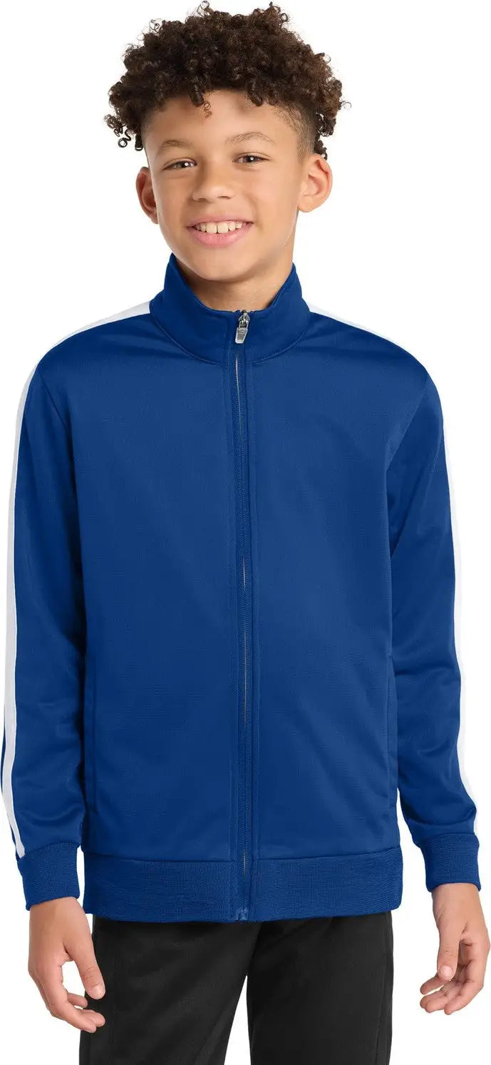 Sport-tek Yst94 Youth Tricot Sleeve Stripe Track Jacket - True Royal White