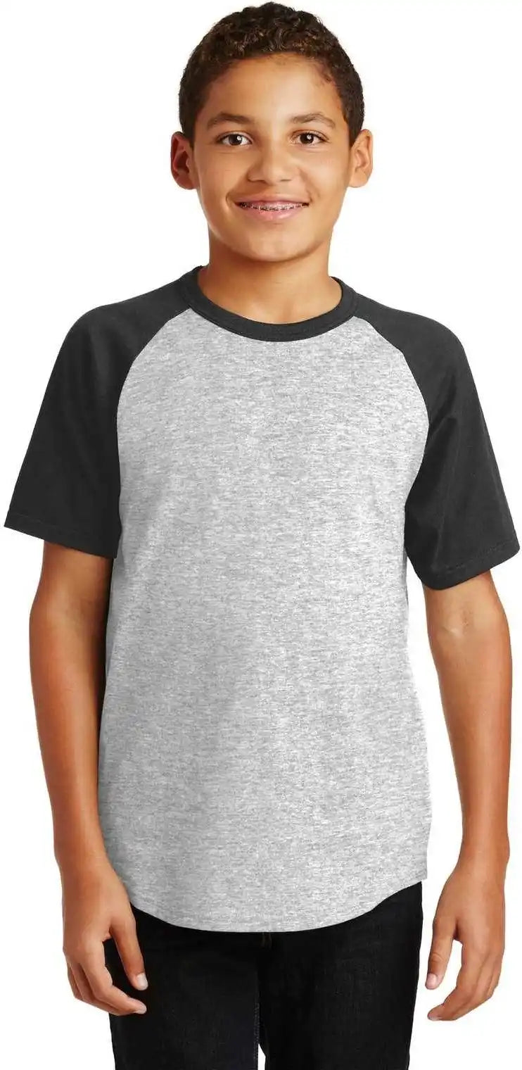 Sport Tek Yt201 Youth Short Sleeve Colorblock Raglan Jersey Heather Gray Black
