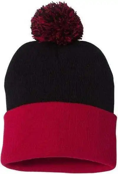 Sportsman Sp15 Pom-pom 12’’ Knit Beanie - Black Red - one Size Fits Most