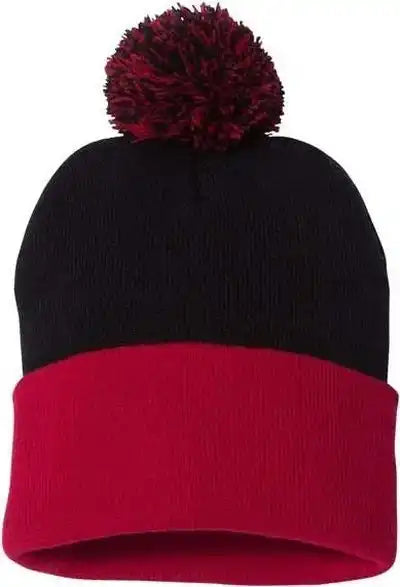 Sportsman Sp15 Pom-pom 12’’ Knit Beanie - Black Red - one Size Fits Most