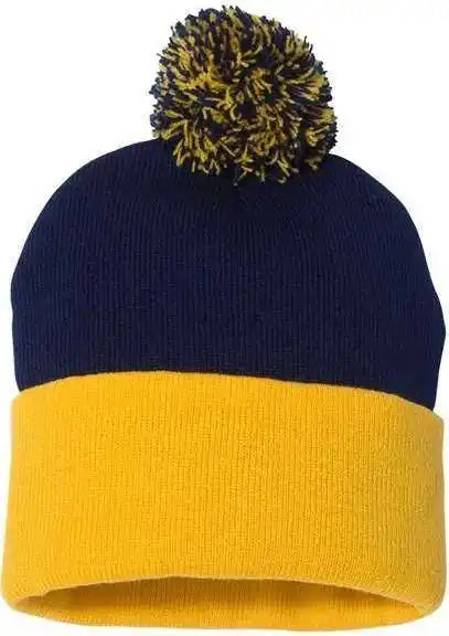Sportsman Sp15 Pom-pom 12’’ Knit Beanie - Navy Gold - one Size Fits Most