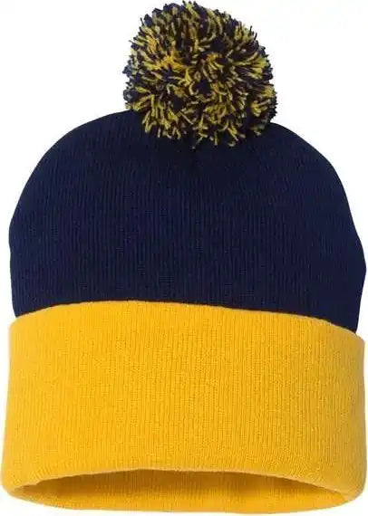 Sportsman Sp15 Pom-pom 12’’ Knit Beanie - Navy Gold - one Size Fits Most