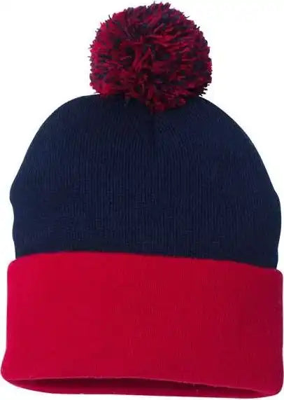 Sportsman Sp15 Pom-pom 12’’ Knit Beanie - Navy Red - one Size Fits Most
