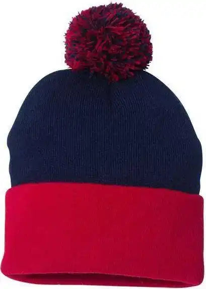 Sportsman Sp15 Pom-pom 12’’ Knit Beanie - Navy Red - one Size Fits Most