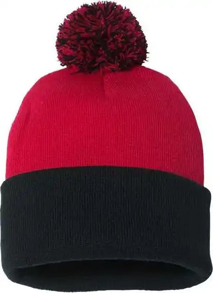 Sportsman Sp15 Pom-pom 12’’ Knit Beanie - Red Black - one Size Fits Most