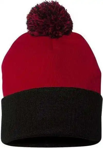Sportsman Sp15 Pom-pom 12’’ Knit Beanie - Red Black - one Size Fits Most