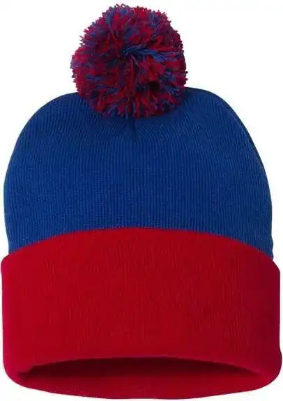 Sportsman Sp15 Pom-pom 12’’ Knit Beanie - Royal Red - one Size Fits Most