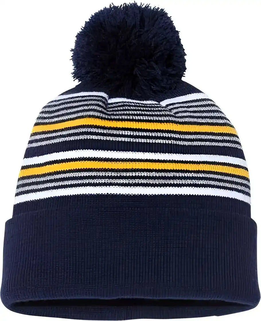 Sportsman Sp60 12’’ Striped Pom-pom Knit Beanie - Navy White Grey Gold - Gray / one Size Fits Most