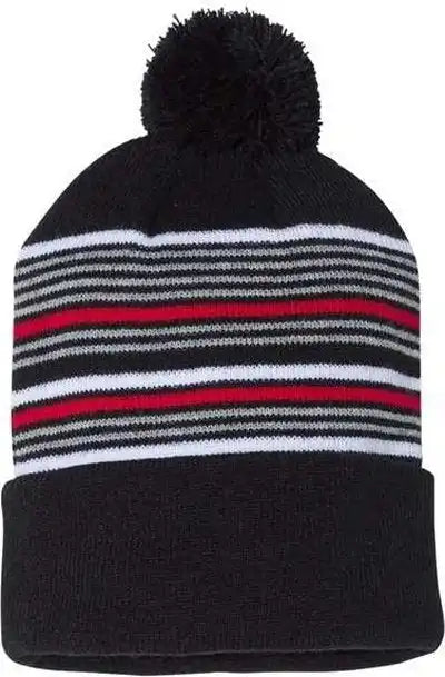 Sportsman Sp60 12’’ Striped Pom Knit Beanie Black White Grey Red / one Size Fits Most