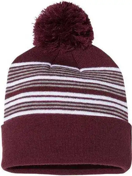 Sportsman Sp60 12’’ Striped Pom Knit Beanie Maroon White Grey / one Size Fits Most