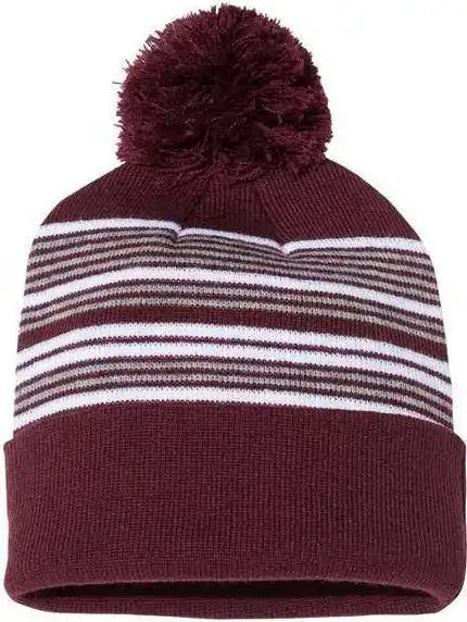 Sportsman Sp60 12’’ Striped Pom Knit Beanie Maroon White Grey / one Size Fits Most