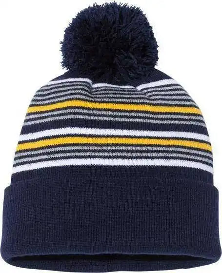 Sportsman Sp60 12’’ Striped Pom-pom Knit Beanie - Navy White Grey Gold - Gray / one Size Fits Most