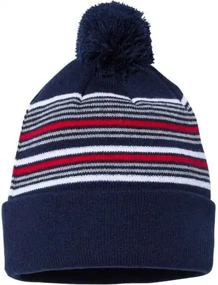 Sportsman Sp60 12’’ Striped Pom Knit Beanie Navy White Grey Red Gray / one Size Fits Most