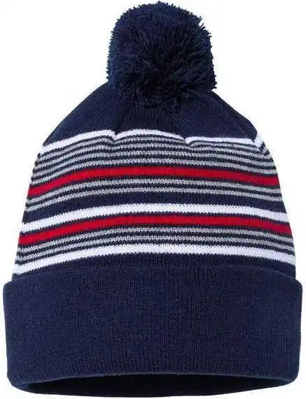 Sportsman Sp60 12’’ Striped Pom Knit Beanie Navy White Grey Red Gray / one Size Fits Most
