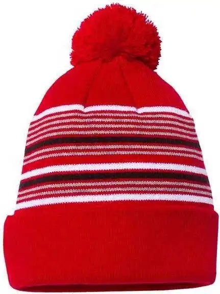 Sportsman Sp60 12’’ Striped Pom-pom Knit Beanie - Red White Grey Black - one Size Fits Most