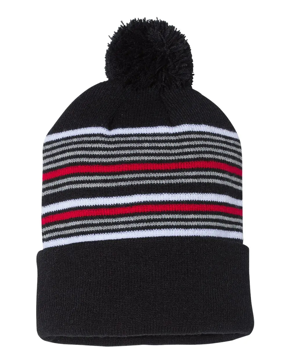 Sportsman Sp60s 12’’ Striped Pom-pom Cuffed Beanie - Sp60 - Black White Gray Red - one Size Fits Most