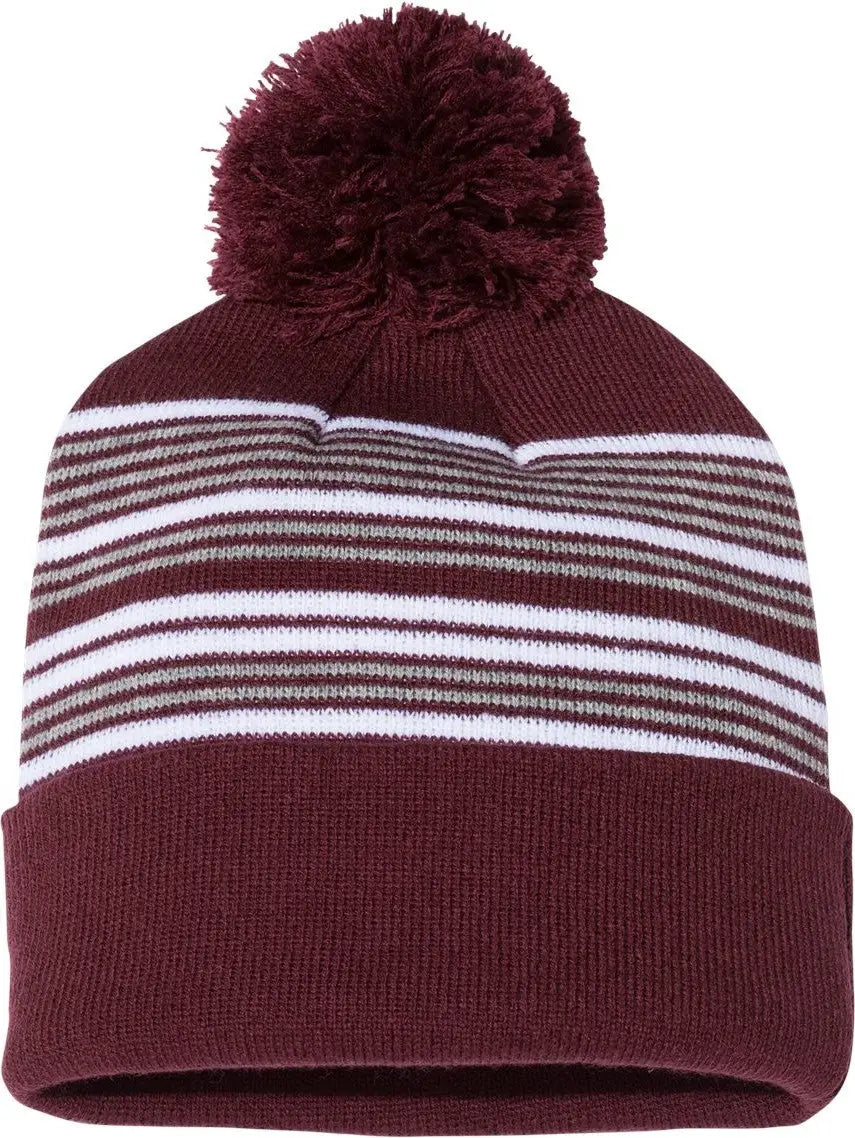 Sportsman Sp60s 12’’ Striped Pom-pom Cuffed Beanie - Sp60 - Maroon White Gray - one Size Fits Most