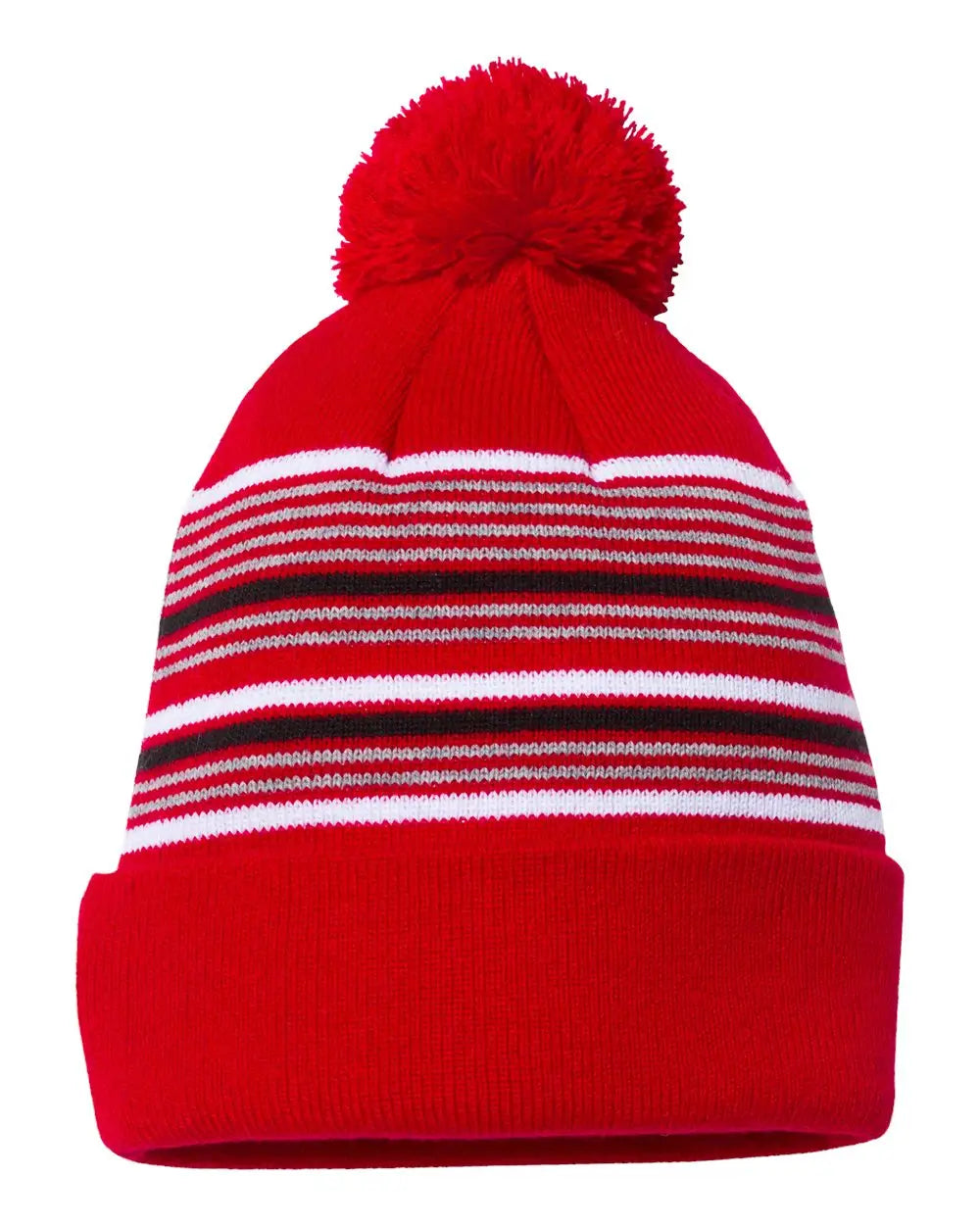 Sportsman Sp60s 12’’ Striped Pom-pom Cuffed Beanie - Sp60 - Red White Gray Black - one Size Fits Most
