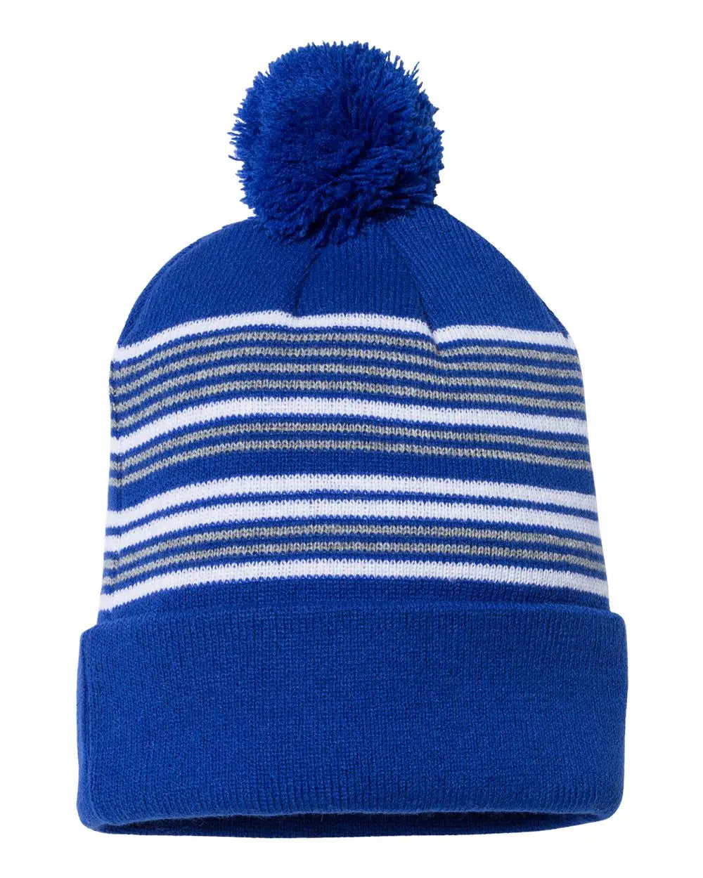 Sportsman Sp60s 12’’ Striped Pom-pom Cuffed Beanie - Sp60 - Royal White Gray - one Size Fits Most