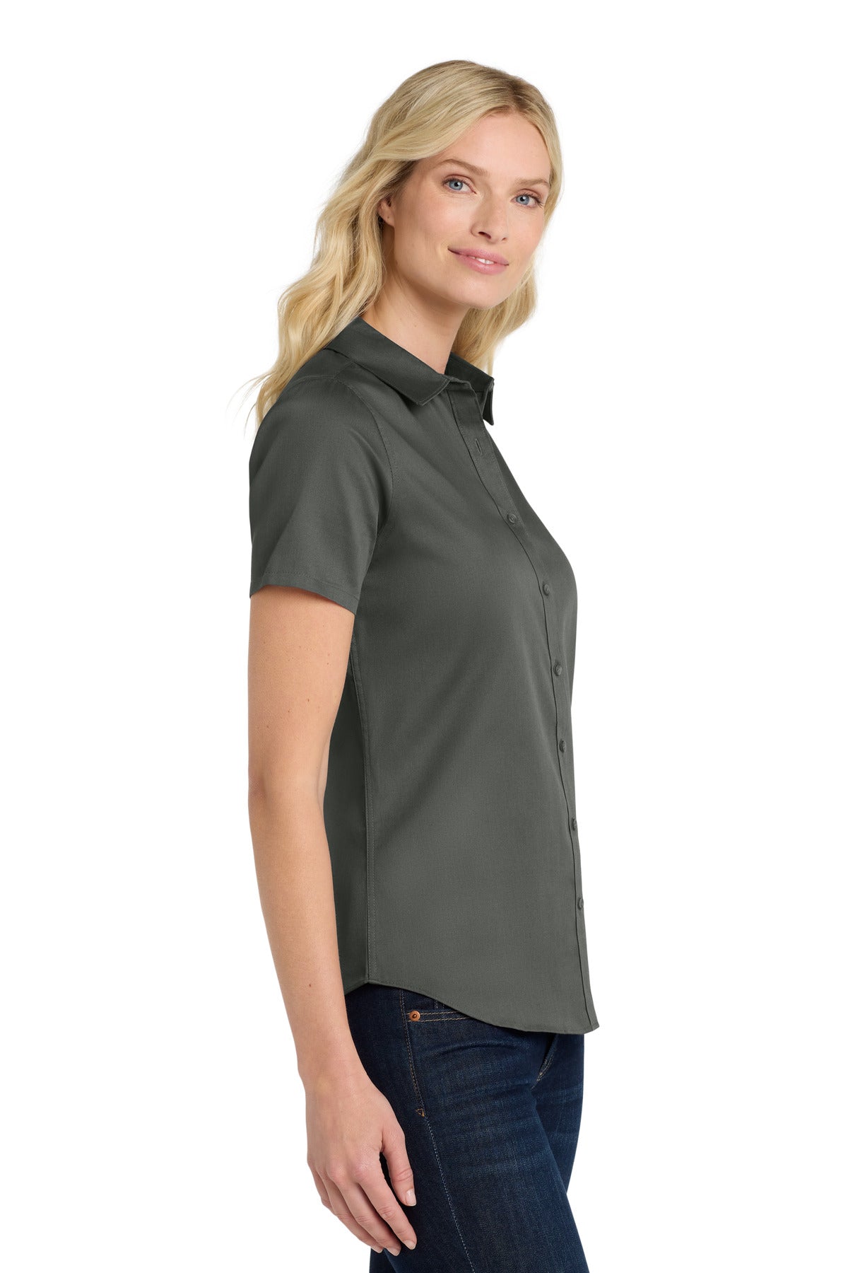 StormGrey Port Authority Women's Short Sleeve SuperPro React Twill Shirt. LW809