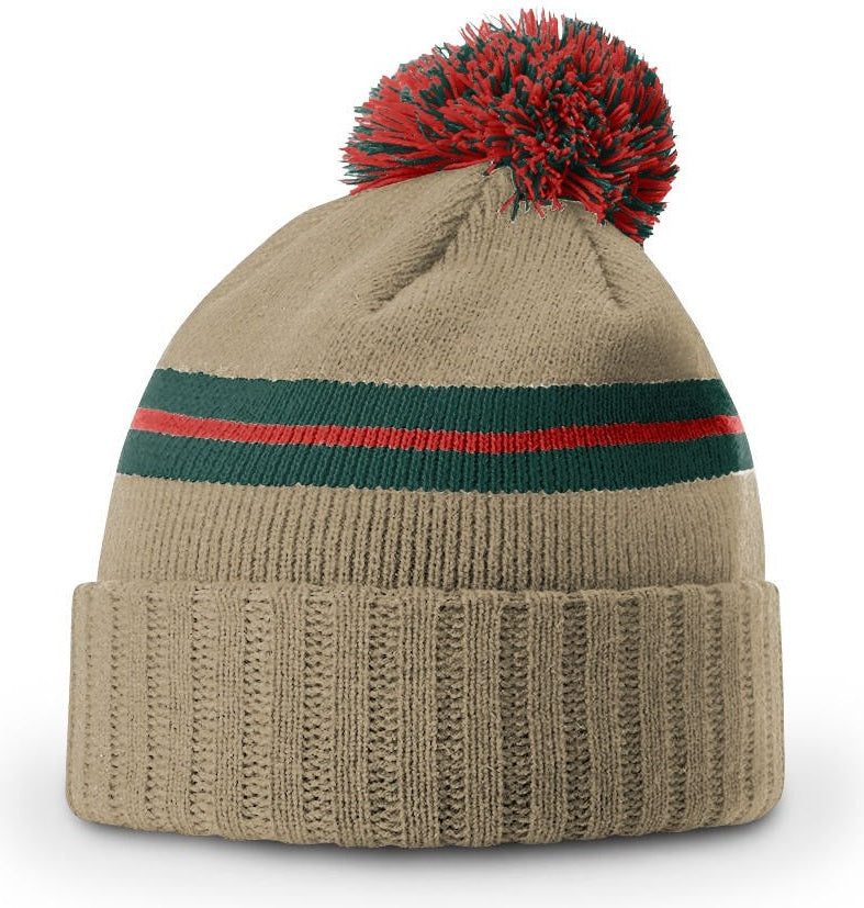 Tan-Dark Green-Deep Red Short Pom Beanie