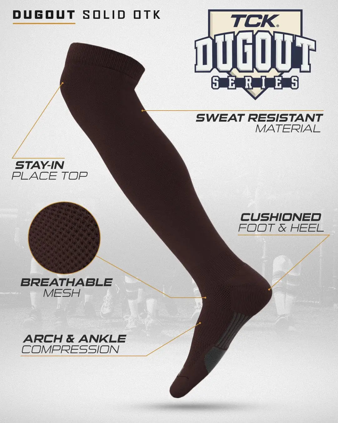 Tck Dugout Solid Color Over the Knee Sports Socks - Brown