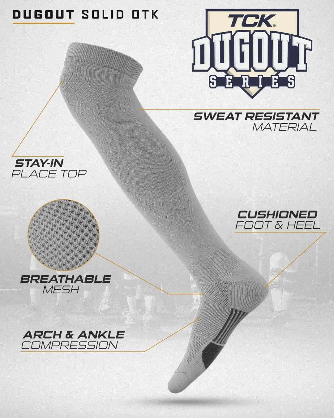 Tck Dugout Solid Color Over the Knee Sports Socks - Gray