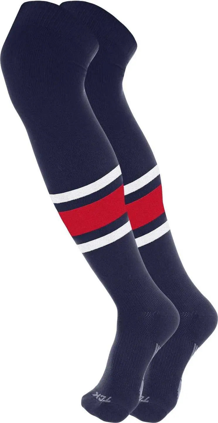 Tck Dugout Striped Over the Knee Baseball Socks Pattern e - Navy White Scarlet