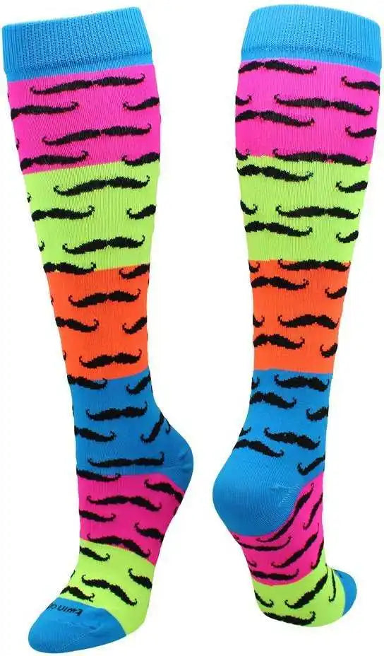 Tck Krazisox Neon Rainbow Mustache Knee High Socks - Orange - Multi-colored / Intermediate