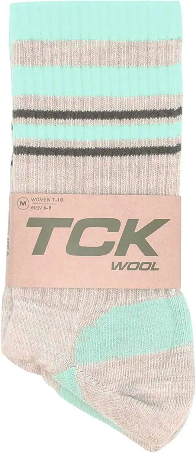 Tck Merino Wool Crew Socks - Oatmeal Mint Graphite Stripe