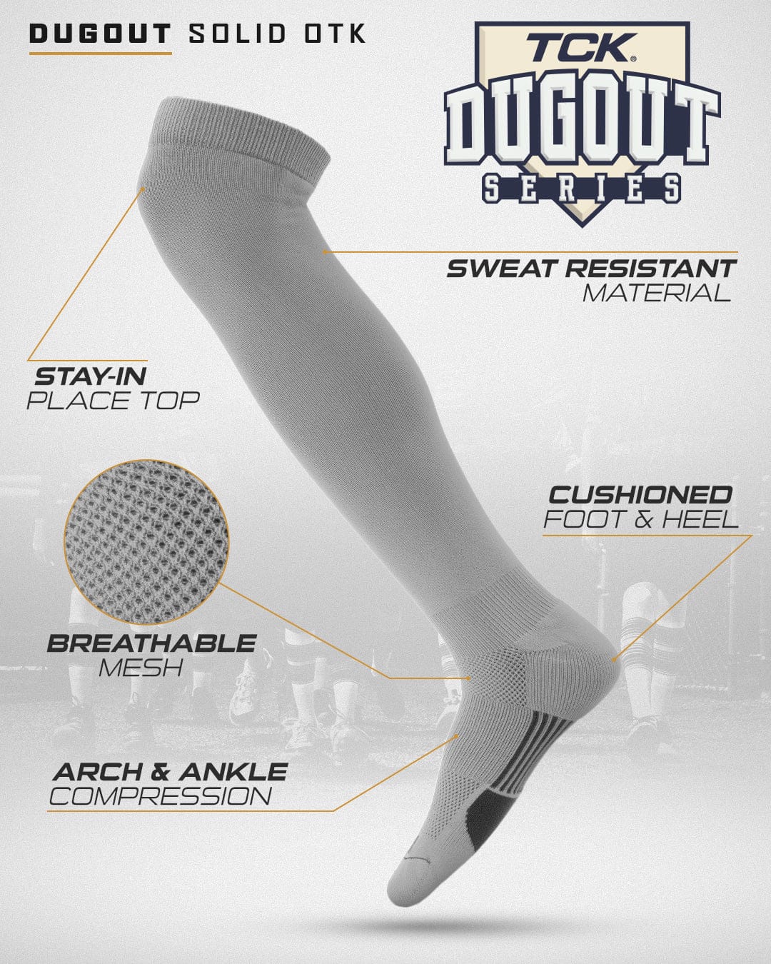 TCK Dugout Solid Color Over the Knee Sports Socks - Gray - HIT a Double - 1