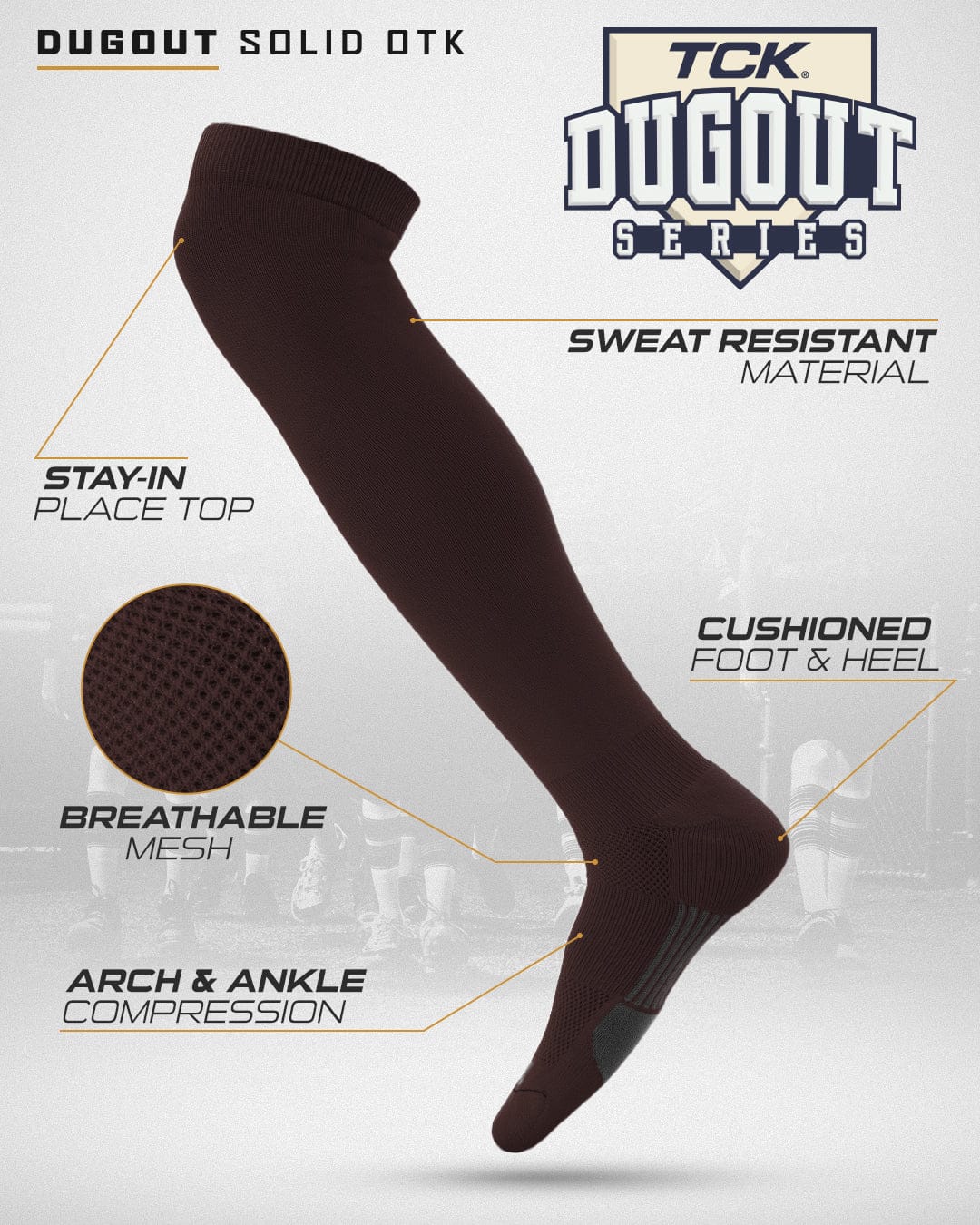 TCK Dugout Solid Color Over the Knee Sports Socks - Brown - HIT a Double - 2