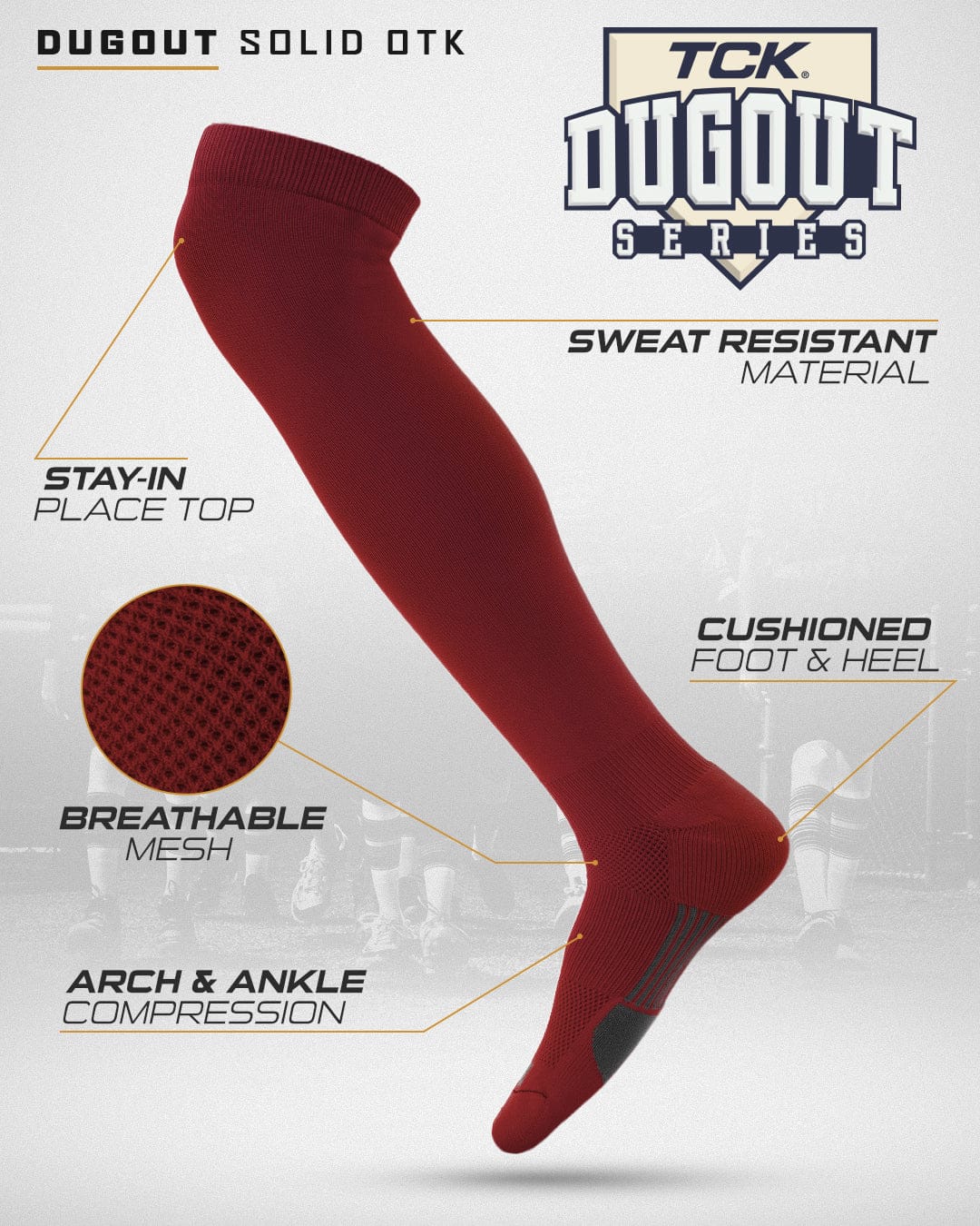 TCK Dugout Solid Color Over the Knee Sports Socks - Cardinal - HIT a Double - 2