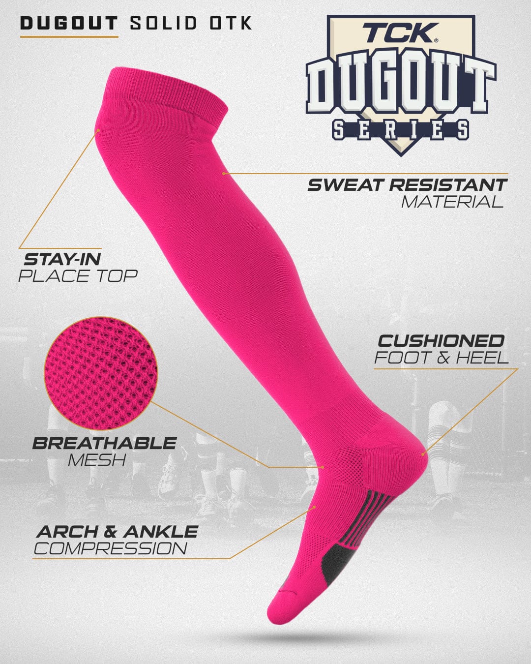 TCK Dugout Solid Color Over the Knee Sports Socks - Hot Pink - HIT a Double - 1