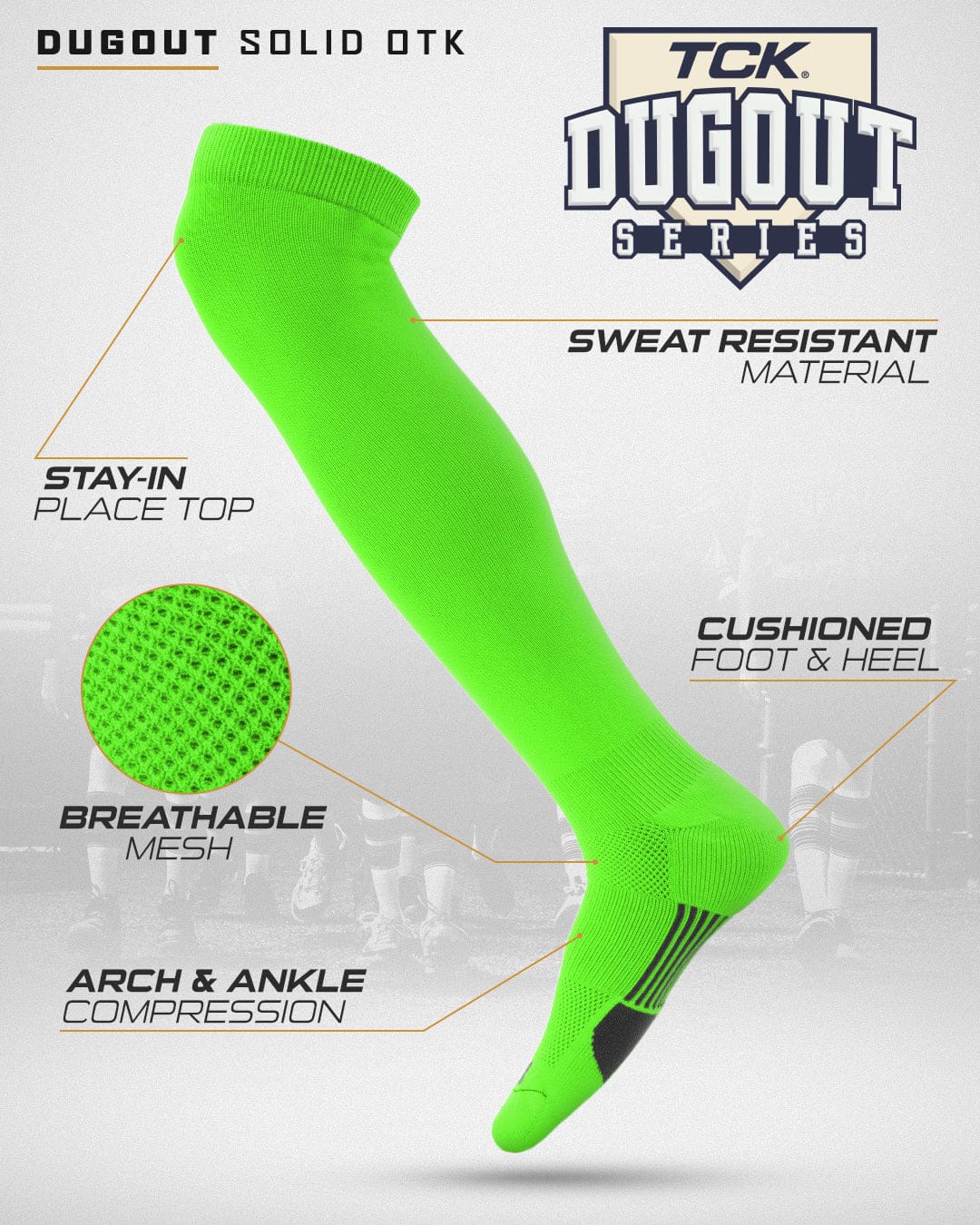TCK Dugout Solid Color Over the Knee Sports Socks - Neon Green - HIT a Double - 1