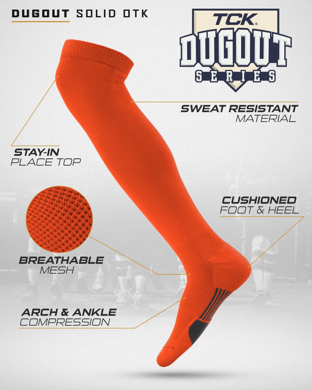 TCK Dugout Solid Color Over the Knee Sports Socks - Orange - HIT a Double - 2