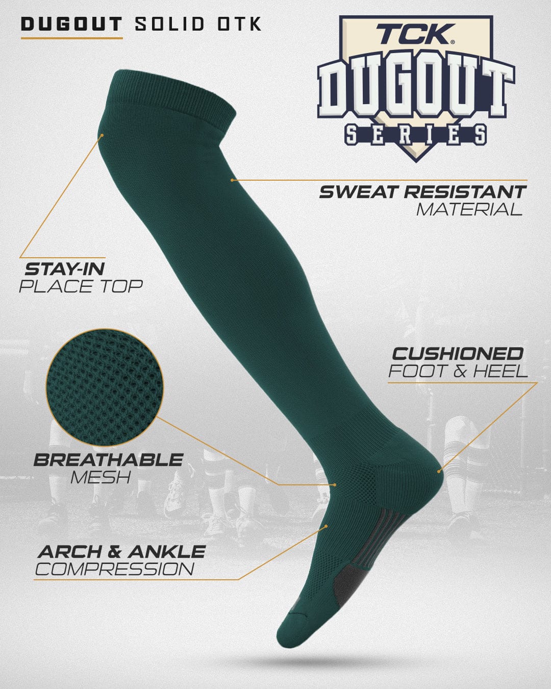 TCK Dugout Solid Color Over the Knee Sports Socks - Dark Green - HIT a Double - 2