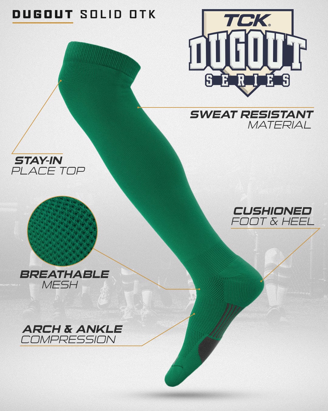 TCK Dugout Solid Color Over the Knee Sports Socks - Kelly - HIT a Double - 2