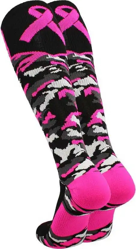 Tck Woodland Aware Breast Cancer Ribbon Knee High Socks - Black Hot Pink