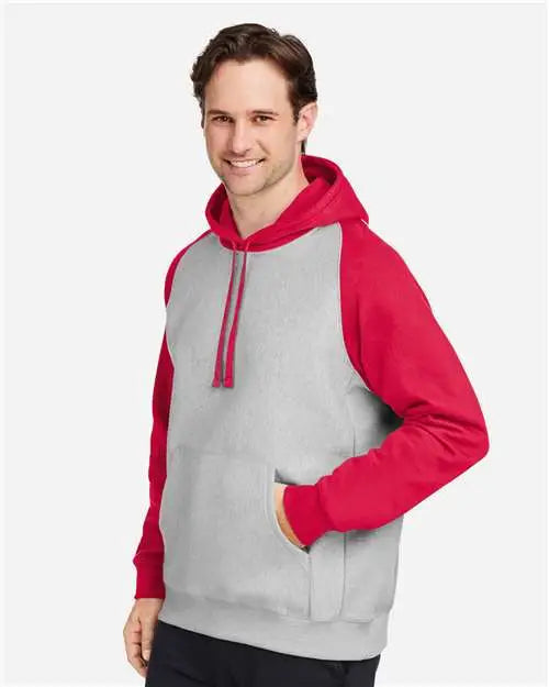 Team 365 Tt96cb Unisex Zone Hydrosport™ Heavyweight Colorblock Hooded Sweatshirt - Athletic Heather Sport Red