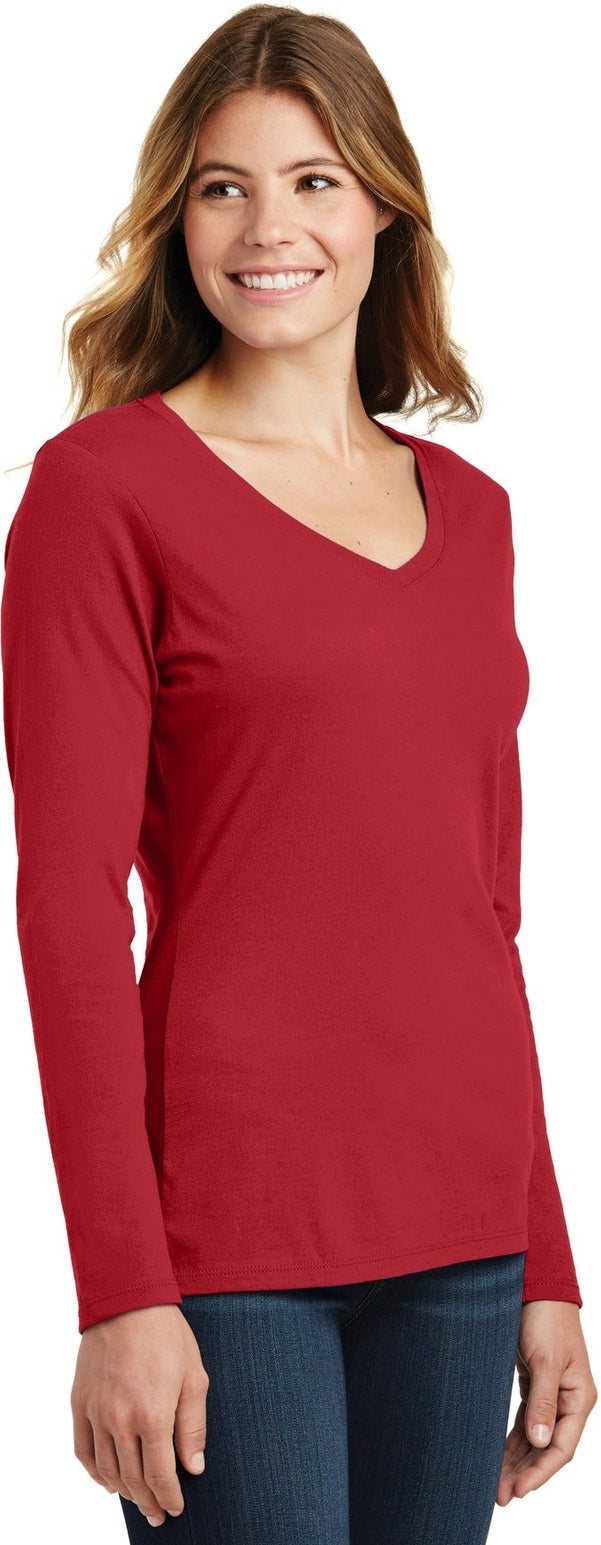 Team Cardinal Port & Co Women's Long Sleeve Fan Favorite V-Neck Tee. LPC450VLS