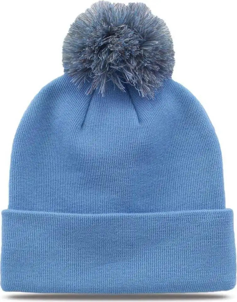 The Game Gb461 Roll Up Beanie with Pom - Columbia Blue - one Size Fits Most